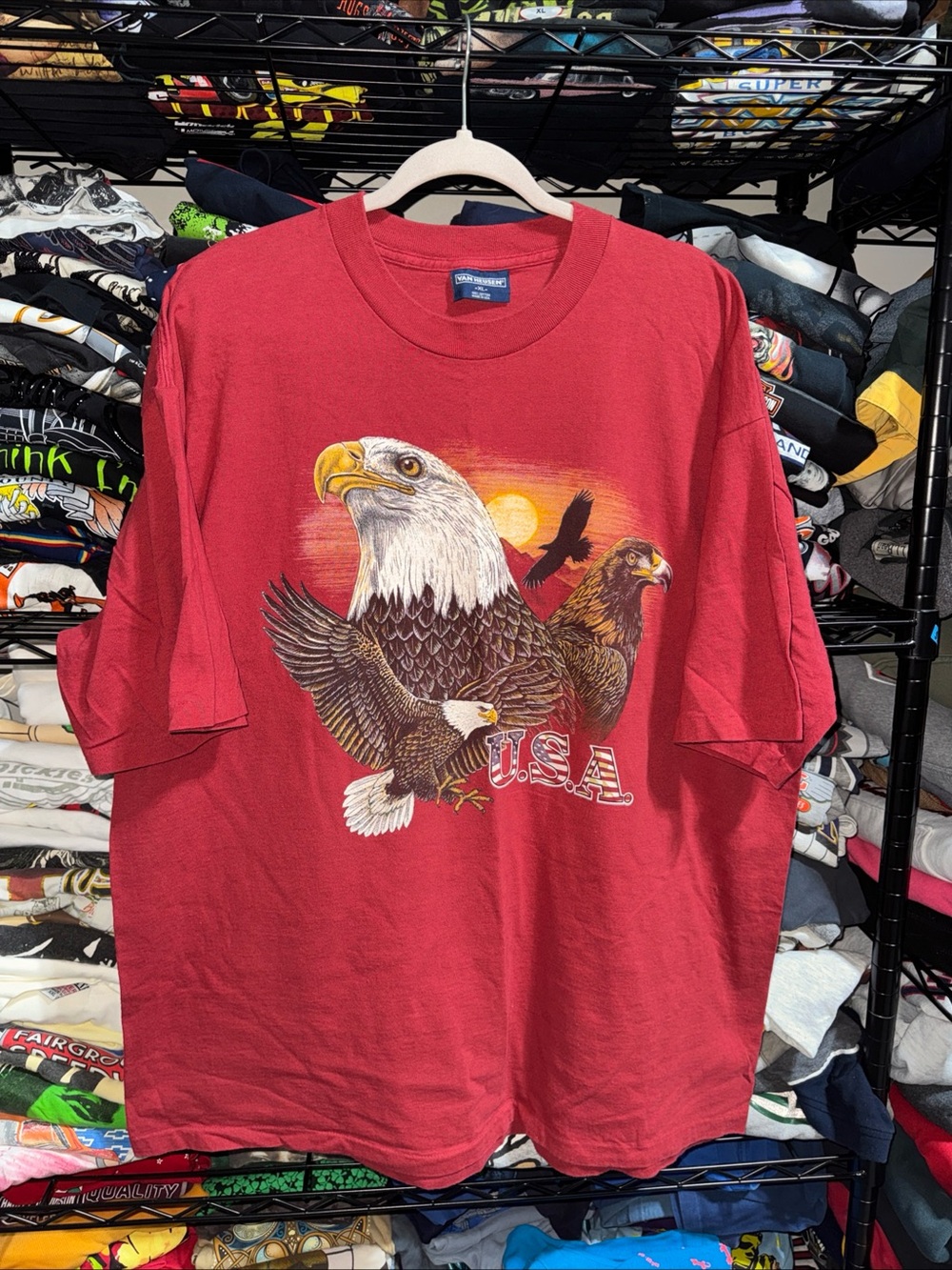 Vintage 90s Van Heusen USA Bald Eagle Red Shirt Size Xl
